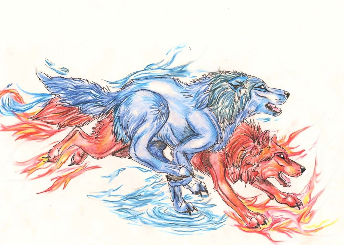 Нарисованные огненные волки