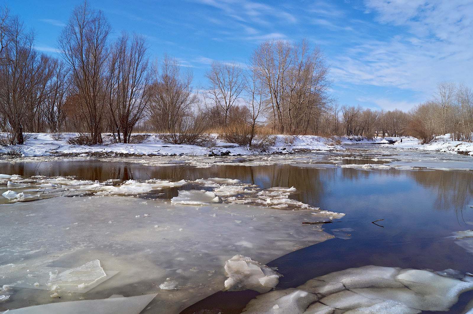 Таяние льда на водоемах. Весенняя река. Речка весной.
