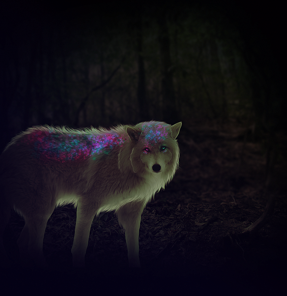 Волк светятся глаза. Волк со светящимися глазами. Светящиеся волки. Радужный волк. Светящиеся животные.